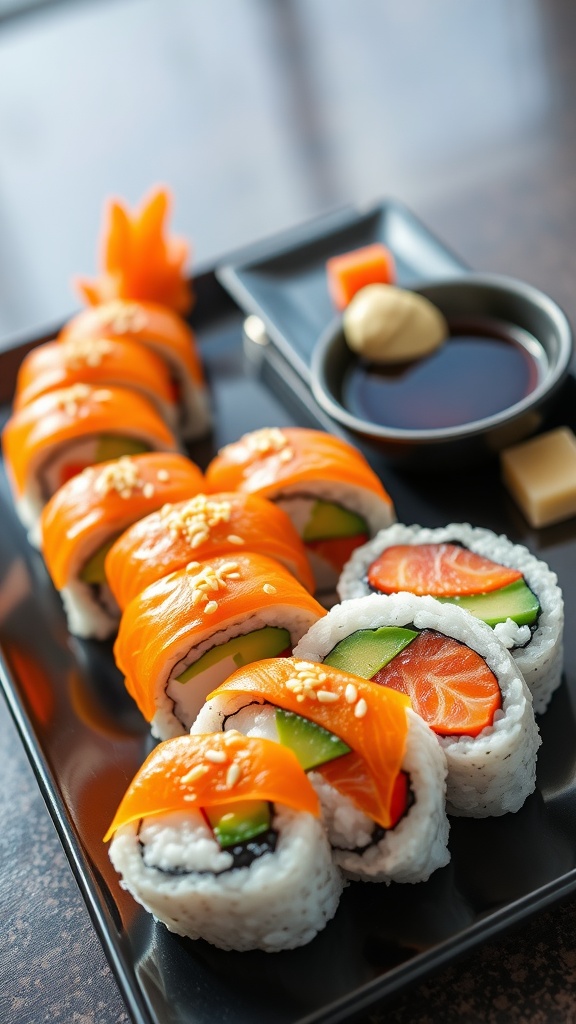 Colorful sushi rolls on a black plate with soy sauce, pickled ginger, and wasabi.
